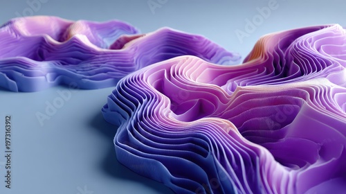 Abstract 3D Landscape Design with Layered Purple and Blue Waves Illustrating Modern Art and Creative Concepts in a Digital Art Style