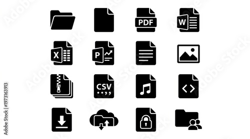 Collection of digital document and file icons representing various data types and storage.