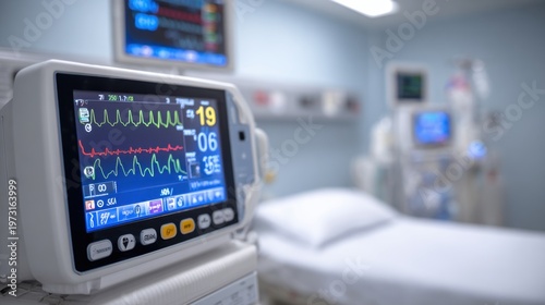 Intensive Care Unit with Advanced Medical Monitoring Equipment and Patient Bed