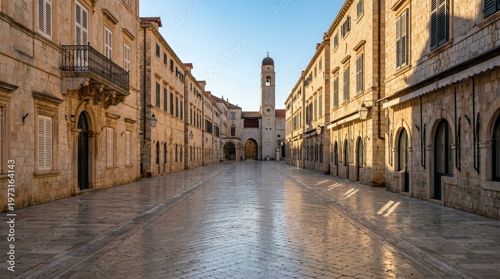 Obraz premium Dubrovnik Old Town Limestone Streets Empty in the Early Morning Summer Light — Croatia Travel and Tourism Stock Photo