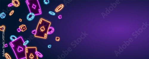 Casino or poker background with gaming glowing elements. Neon playing cards, chips and dice on bright background. Vector illustration.