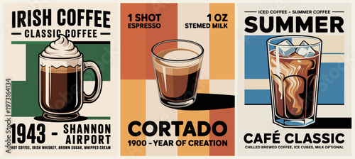Vintage coffee ads in bold, colorful design. Each drink offers unique flavor and style. Perfect for cafes or bar menus. Modern aesthetic blends retro charm. Ideal for branding or promotional materials