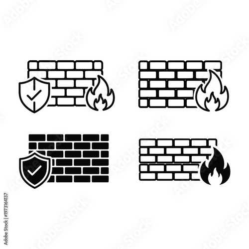 Fireproof brick wall icons with shield and flame symbols