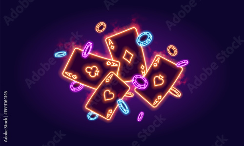 Casino or poker background with neon playing cards and chips. Banner with bright glowing elements. Vector illustration.