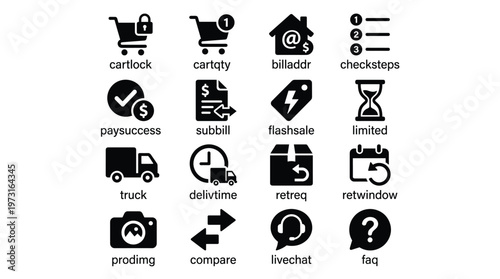Ecommerce icons set including cart, payment, delivery, and support symbols