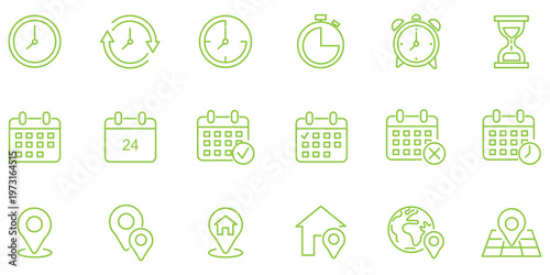 Time, date and address icon. Clock, calendar and location elements for scheduling vector illustration. Useful date and address details for navigation symbol. Clean minimal layout for interface sign