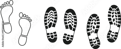 Footprint and shoe print illustration comparing bare feet and tread patterns, black-and-white vector artwork