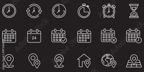 Time, date and address icon. Clock, calendar and location elements for scheduling vector illustration. Useful date and address details for navigation symbol. Clean minimal layout for interface sign