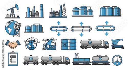 Oil and Gas Industry Icons - Production, Transportation, and Global Impact.