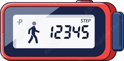 Digital pedometer illustration with rectangular display showing walking icon, step count “12345,” fitness tracking device vector artwork
