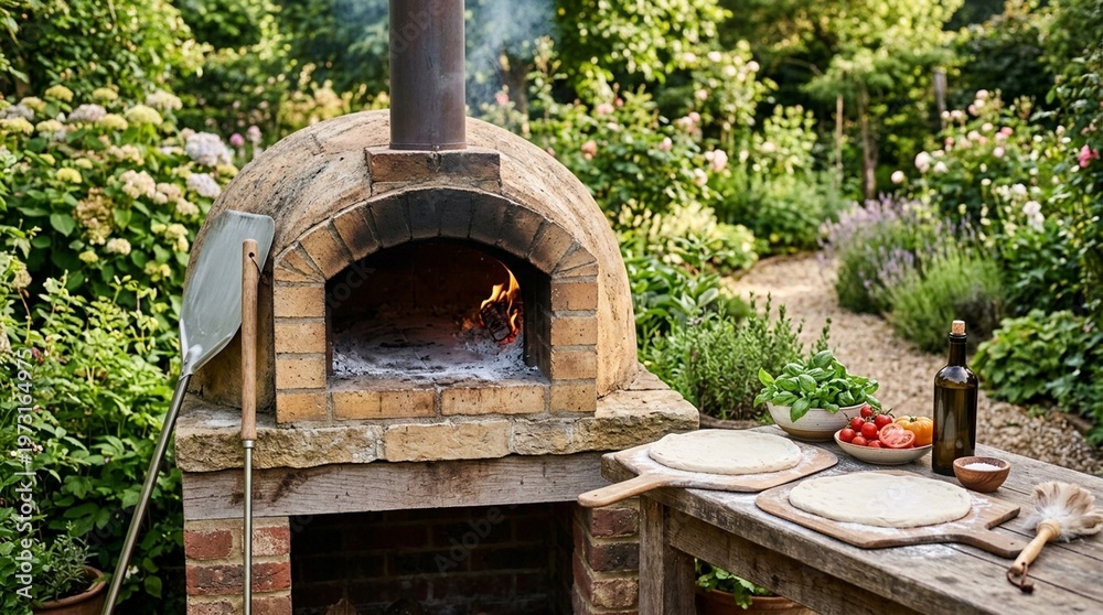 Naklejka premium Traditional Wood-Fired Pizza Oven Glowing with Hot Embers in an Outdoor Kitchen — Authentic Italian Food Stock Photo