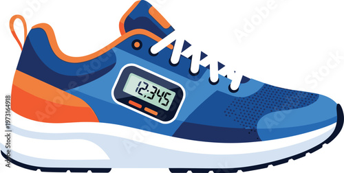 Smart fitness shoe with digital step counter display showing 12,345 steps, wearable technology vector artwork
