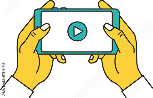 Smartphone video streaming illustration with yellow hands holding device and play button icon, mobile entertainment vector artwork