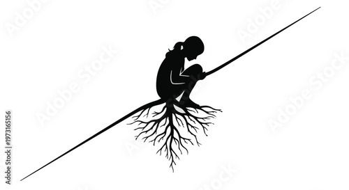 Silhouette of a child sitting on roots, symbolizing growth and connection to nature.