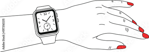 Hand wearing wristwatch with analog clock face and red fingernails, minimalistic fashion and timepiece vector artwork