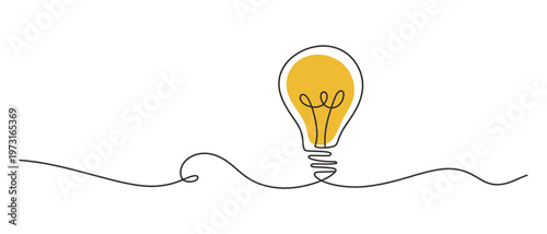 Abstract continuous line drawing of a glowing yellow light bulb symbolizing innovation and bright ideas, vector illustration