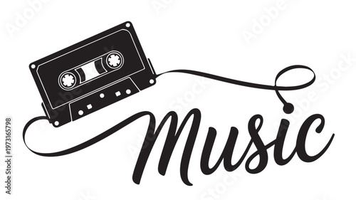 Retro Cassette Tape Silhouette with Music Typography for Vintage Audio and 80s Nostalgia Designs