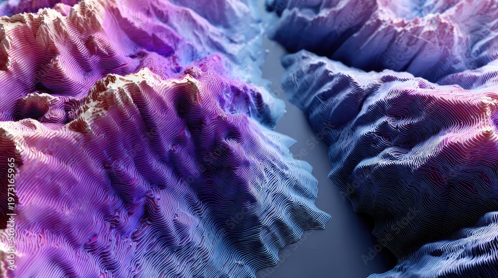 Obraz premium Abstract landscape representation with intricate mountain ridges in vibrant purple and blue hues, showcasing depth and unique terrain features for digital art use.