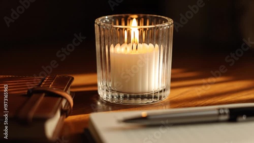 Lit candle in glass holder on wooden desk with notebook