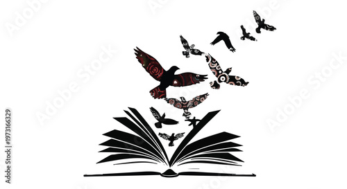 Birds taking flight from an open book, symbolizing imagination and knowledge spreading.