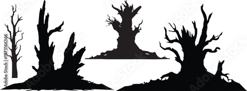 Collection of giant old dead trees, silhouettes with creepy or gnarled shapes trees,  isolated on white background vector illustration