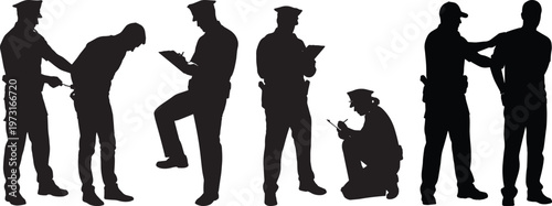 silhouettes depicting various police officer duties, catch criminals, such as patrolling, making arrests, and conducting investigations. vector illustration