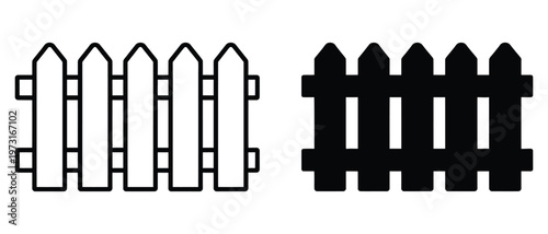 Two cartoon style picket fence icons one with outline and one solid black on white background, vector illustration