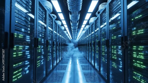 Long corridor of glowing server racks in modern data center