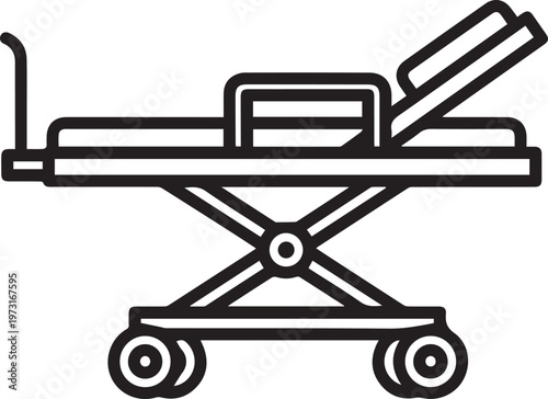 Black outlined icon of stretcher bed