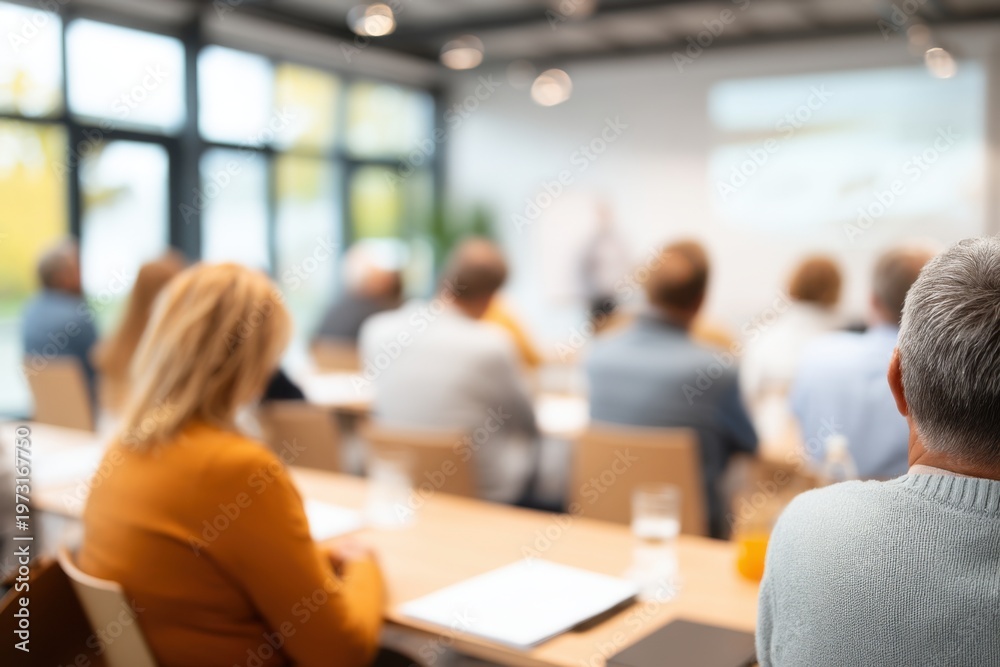 Fototapeta premium Audience attentively watching a presentation in a modern conference room with natural light