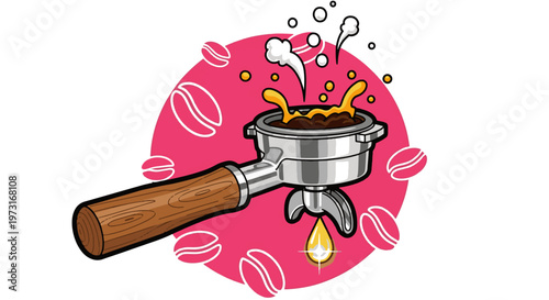 Vibrant Illustration of a Professional Espresso Portafilter with Fresh Ground Coffee Splashing Liquid and Golden Drip Against a Pink Background Scene