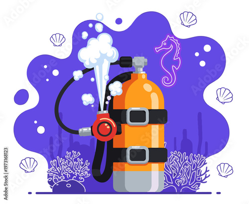 Vibrant flat vector illustration of an orange scuba oxygen tank with a red regulator releasing bubbles against a purple ocean background with coral.