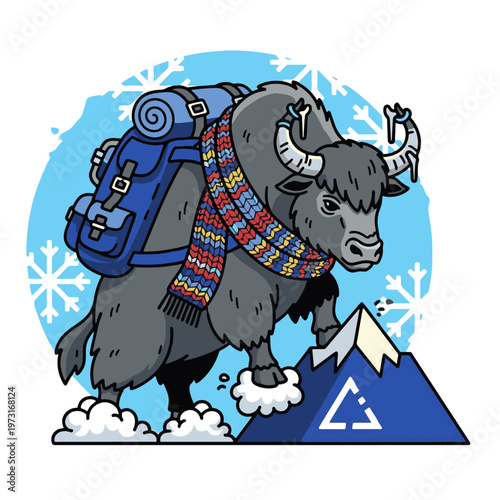 Whimsical vector illustration of a gray yak adventurer wearing a colorful scarf and a large blue backpack while trekking through snowy mountain peaks.