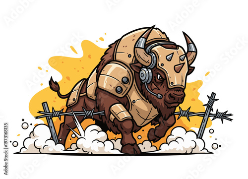 Powerful cartoon illustration of an armored bison bull wearing a high-tech communication headset and armor charging through a barbed wire fence obstacle.