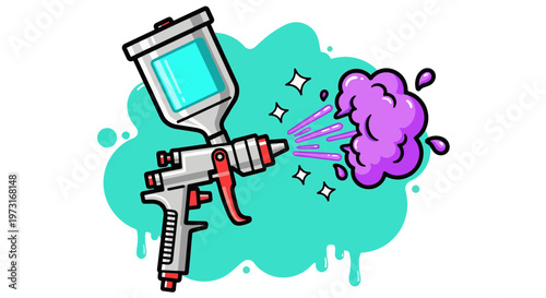 Colorful cartoon illustration of a professional paint spray gun tool emitting a vibrant purple mist cloud against a cyan splash background with drips.