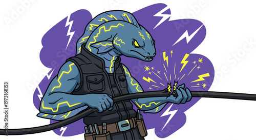Illustration of a humanoid electric eel character in a utility vest, breaking a black power cable with yellow sparks and lightning on a purple background.