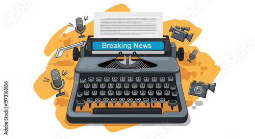 Professional vector illustration of a vintage typewriter with Breaking News text on a blue banner, surrounded by media microphones and news cameras.
