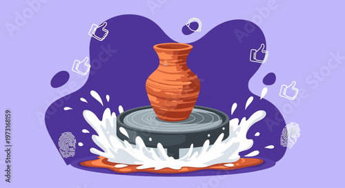 Vibrant vector illustration of a ceramic clay vase being shaped on a spinning potter's wheel with splashing water and social media icons for feedback.