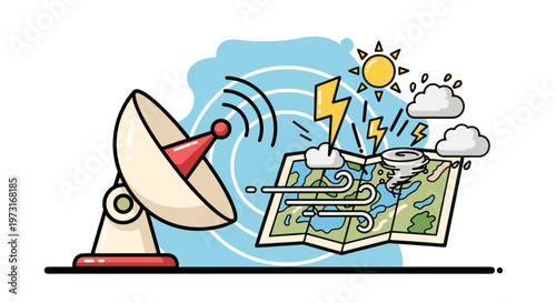 Vector Illustration of a Satellite Dish Sending Meteorological Data to a Map with Various Weather Icons Like Sun Cloud Lightning Rain Wind and Tornado.