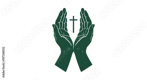 Minimalist dark green hands in prayer holding a cross icon for spiritual devotion and christianity.