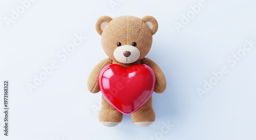Cuddly teddy bear holding a shiny red heart on white background for Valentine's Day or love themed concepts