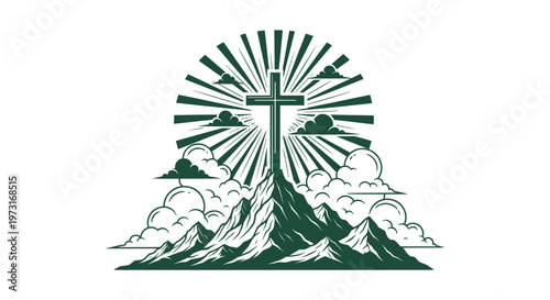 Christian Cross Mountain Peak Sunburst Clouds Faith Illustration Isolated on White Background Vector