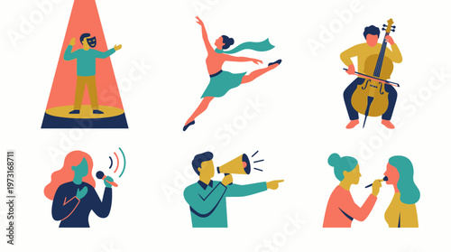 A colorful illustration of people expressing themselves through various forms of art and music