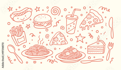 Hand drawn fast food and italian pasta doodle set with pizza burger spaghetti cake and soda in whimsical line art style