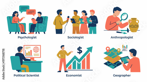 A diverse group of social science professionals working in various fields.