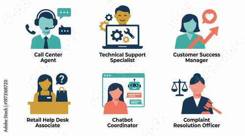 A diverse group of customer service professionals in various roles and settings