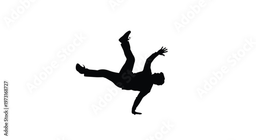 Dynamic silhouette of a person performing a breakdance move against a white background.