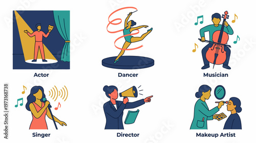 A colorful illustration of various performing arts professionals in action