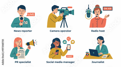 A group of media professionals working together in a modern newsroom environment