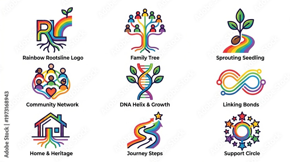 Fototapeta premium Vibrant rainbow icons representing family, growth, community, and connection.